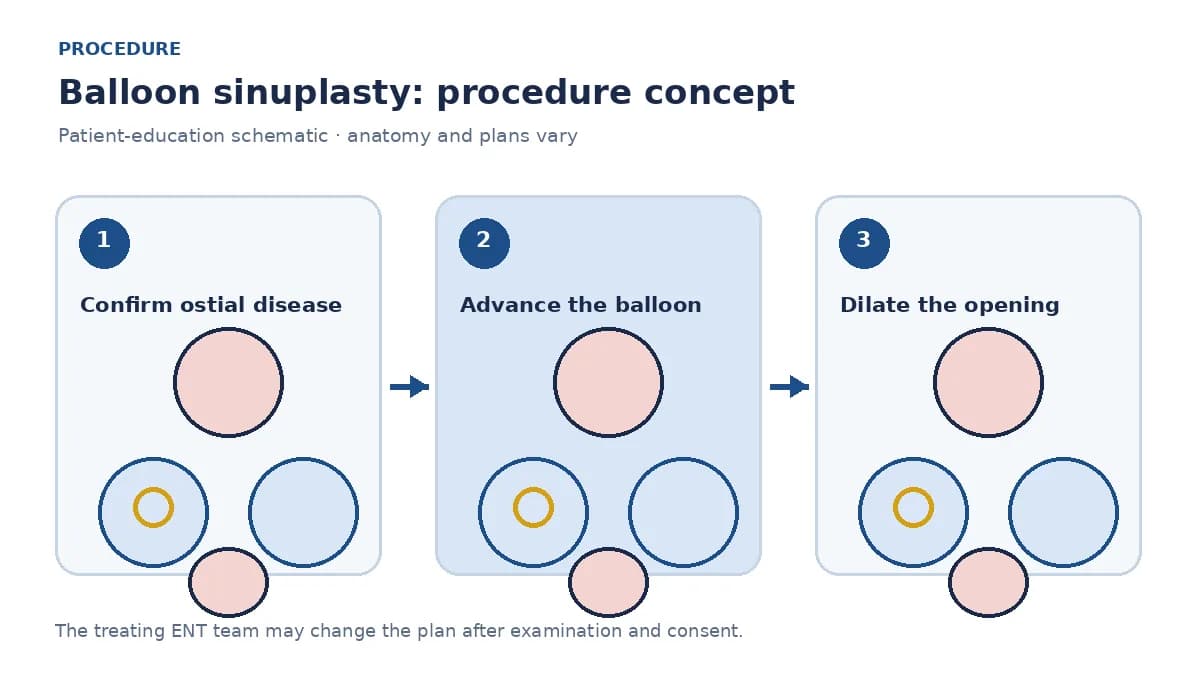 Clinical diagram of a balloon catheter dilating a sinus opening under endoscopic guidance