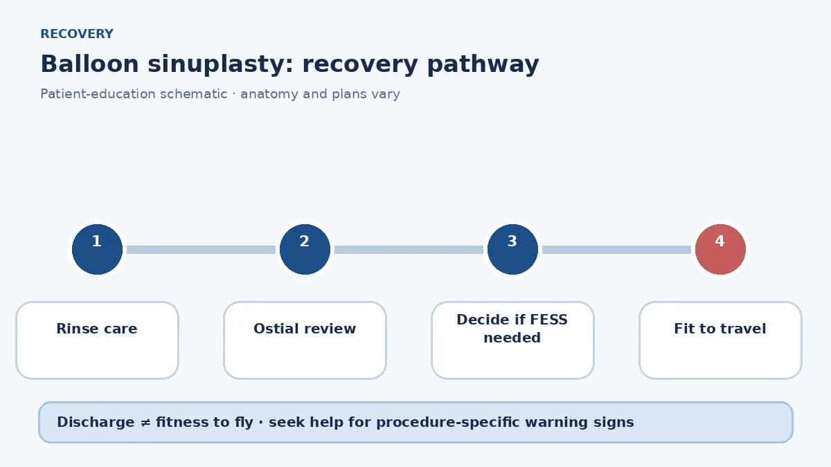 Balloon sinuplasty recovery pathway showing rinses, symptom review and decision about further FESS