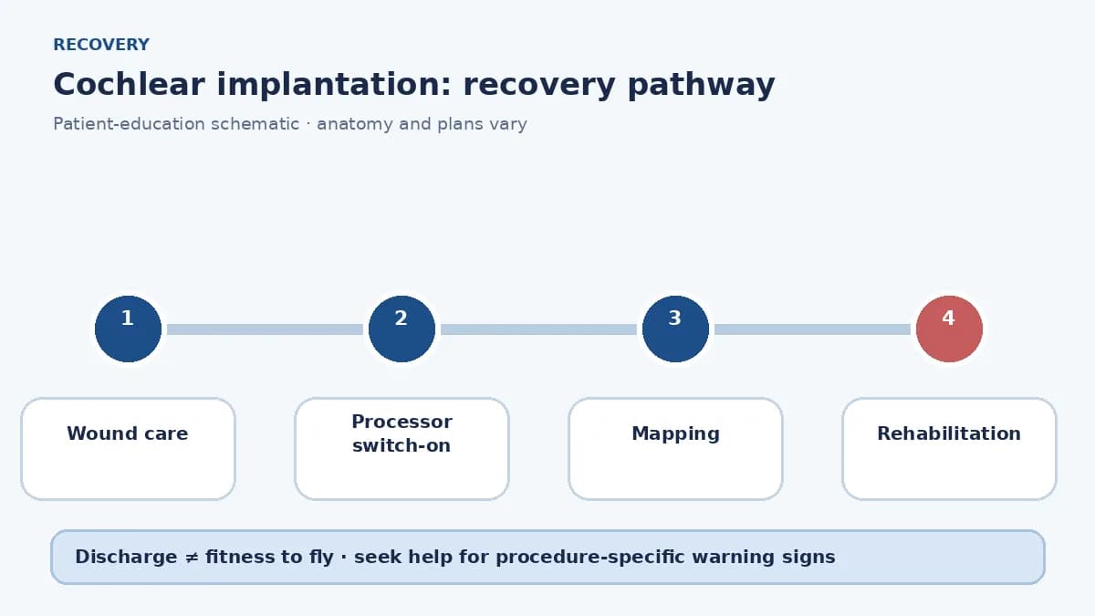 Cochlear-implant pathway showing surgery, wound care, processor switch-on, mapping and rehabilitation