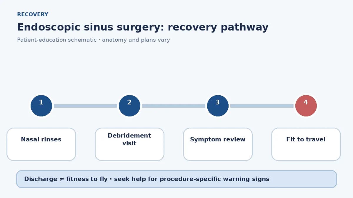 FESS recovery pathway showing nasal rinses, debridement visits, bleeding watch and travel clearance