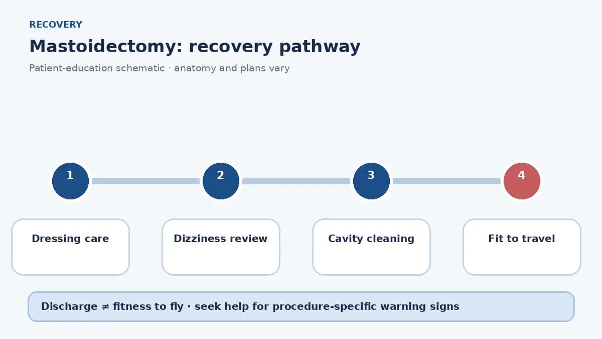 Mastoidectomy recovery pathway showing dressing care, dizziness review, cavity cleaning and travel clearance