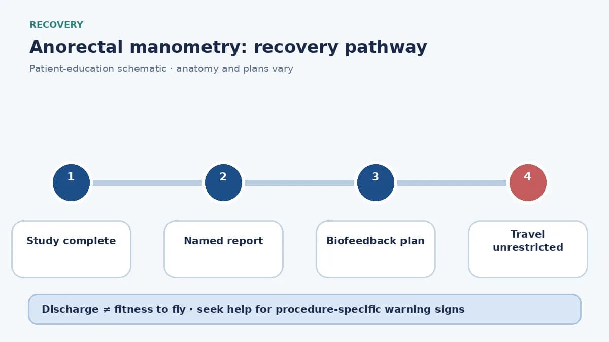 Anorectal-manometry pathway showing the study, report review and optional biofeedback planning