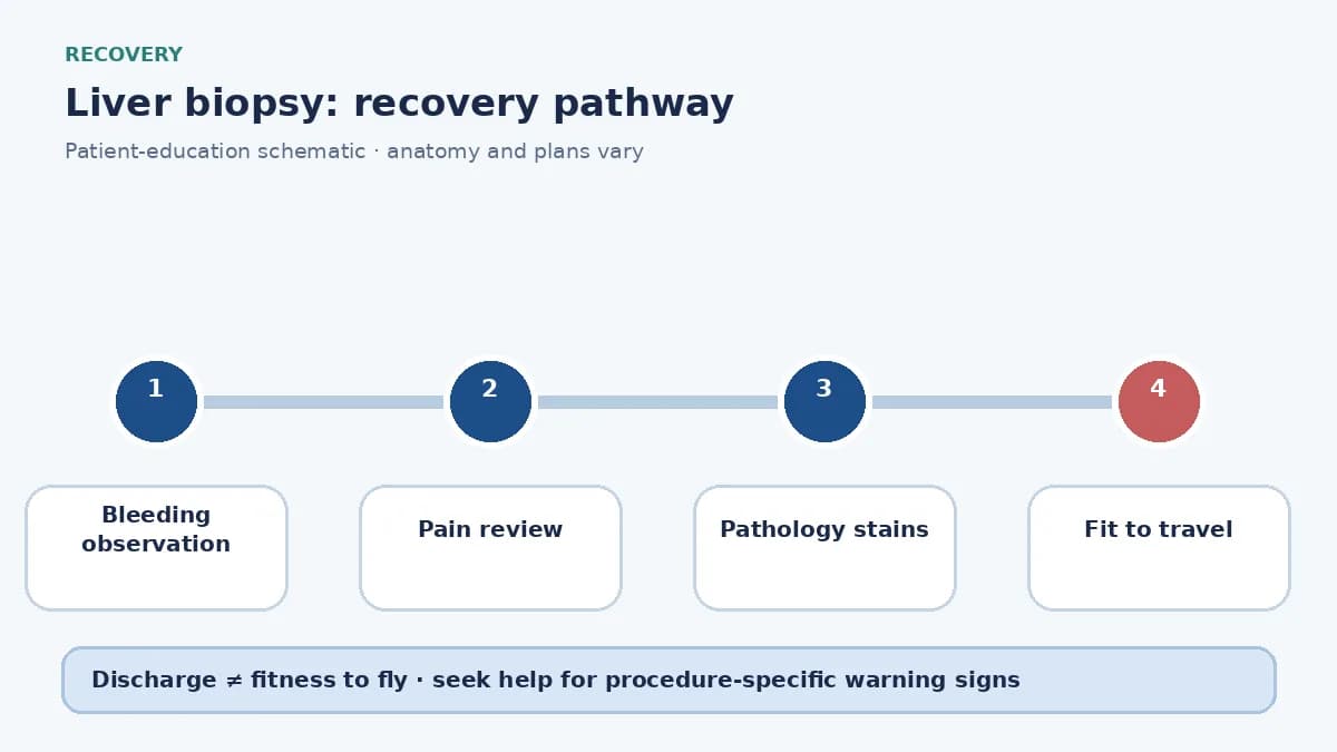 Liver-biopsy recovery pathway showing observation for bleeding, pathology review and travel clearance