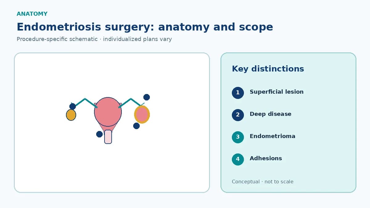 Patient-education pelvic schematic distinguishing superficial endometriosis, deep lesions near bowel bladder and ureter, adhesions and ovarian endometrioma