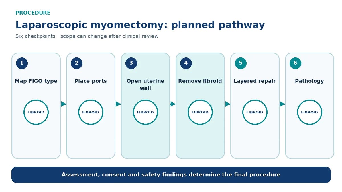 Numbered laparoscopic myomectomy pathway showing fibroid mapping, ports, uterine incision, enucleation, layered repair and pathology