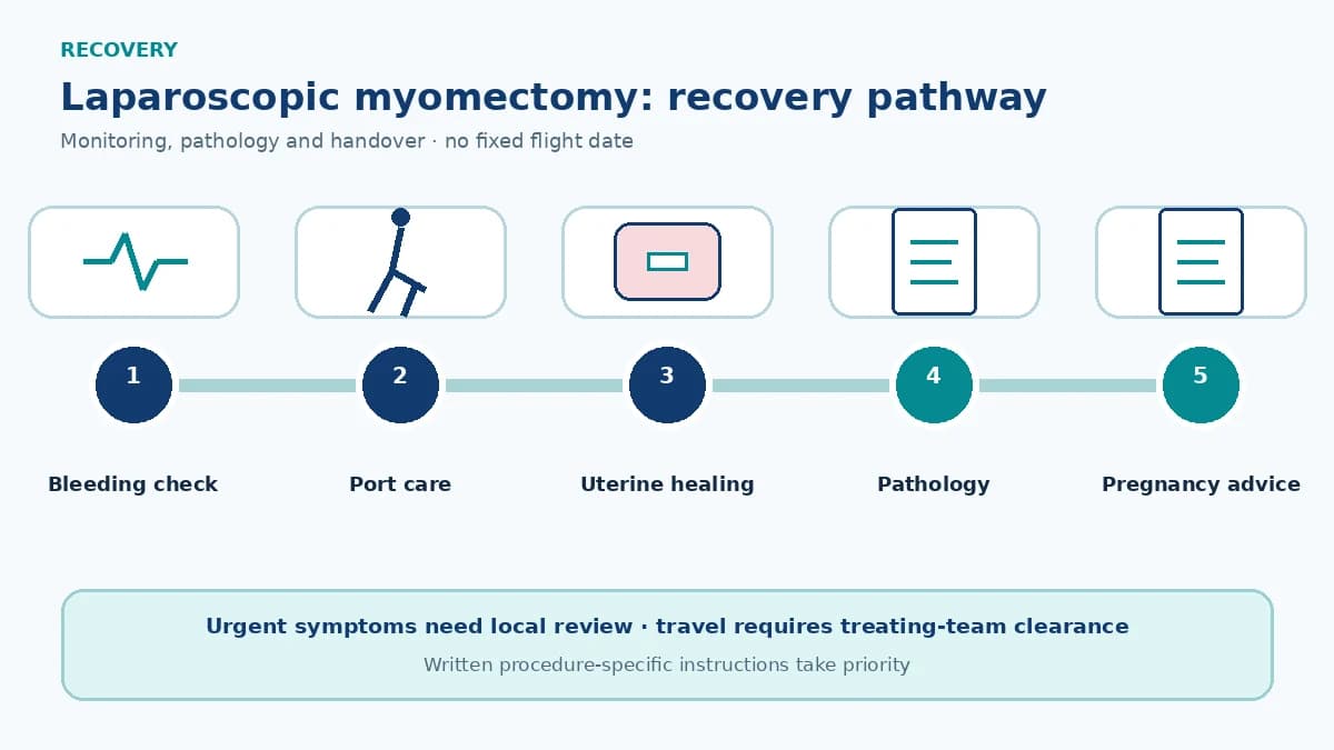 Laparoscopic myomectomy recovery pathway showing bleeding review, port care, uterine healing, pathology and individualized pregnancy counselling