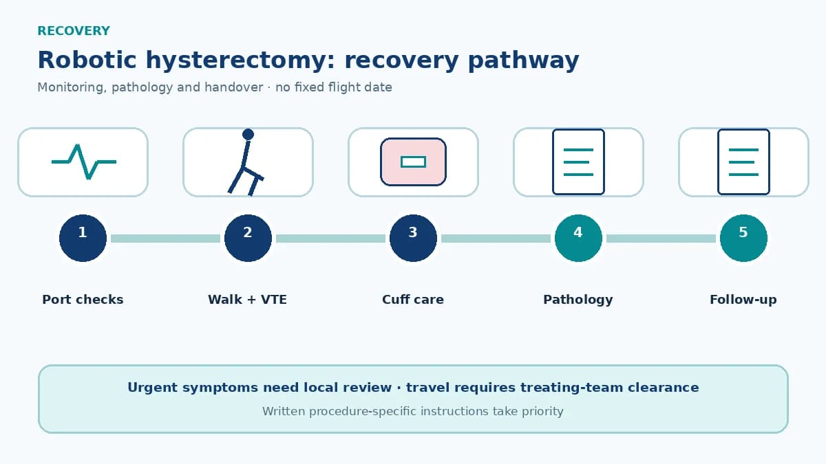 Robotic hysterectomy recovery schematic showing port monitoring, mobility and VTE prevention, vaginal-cuff care, pathology and follow-up