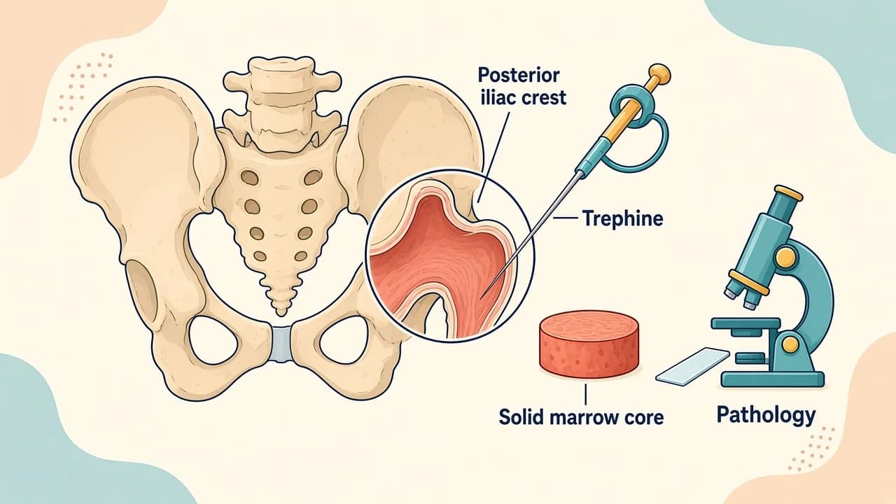 Medical illustration of a trephine needle obtaining an intact bone marrow core from the posterior iliac crest
