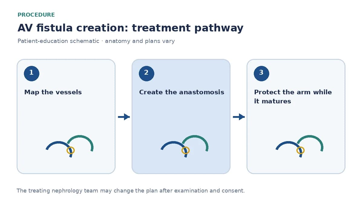 Step-by-step AV-fistula pathway showing vessel mapping, anastomosis and maturation checks before first needling
