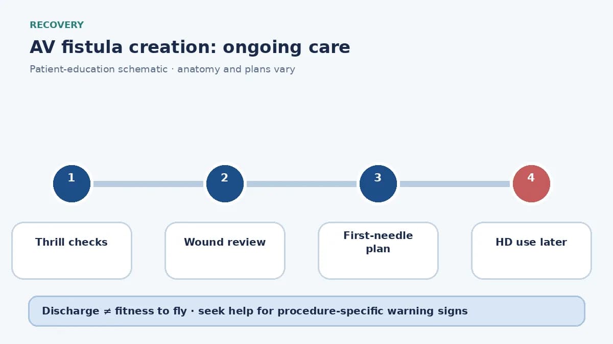 AV-fistula recovery pathway showing thrill checks, arm-care rules and later dialysis use