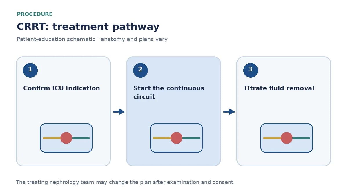 Step-by-step CRRT pathway showing ICU assessment, catheter access, continuous filtration and haemodynamic monitoring