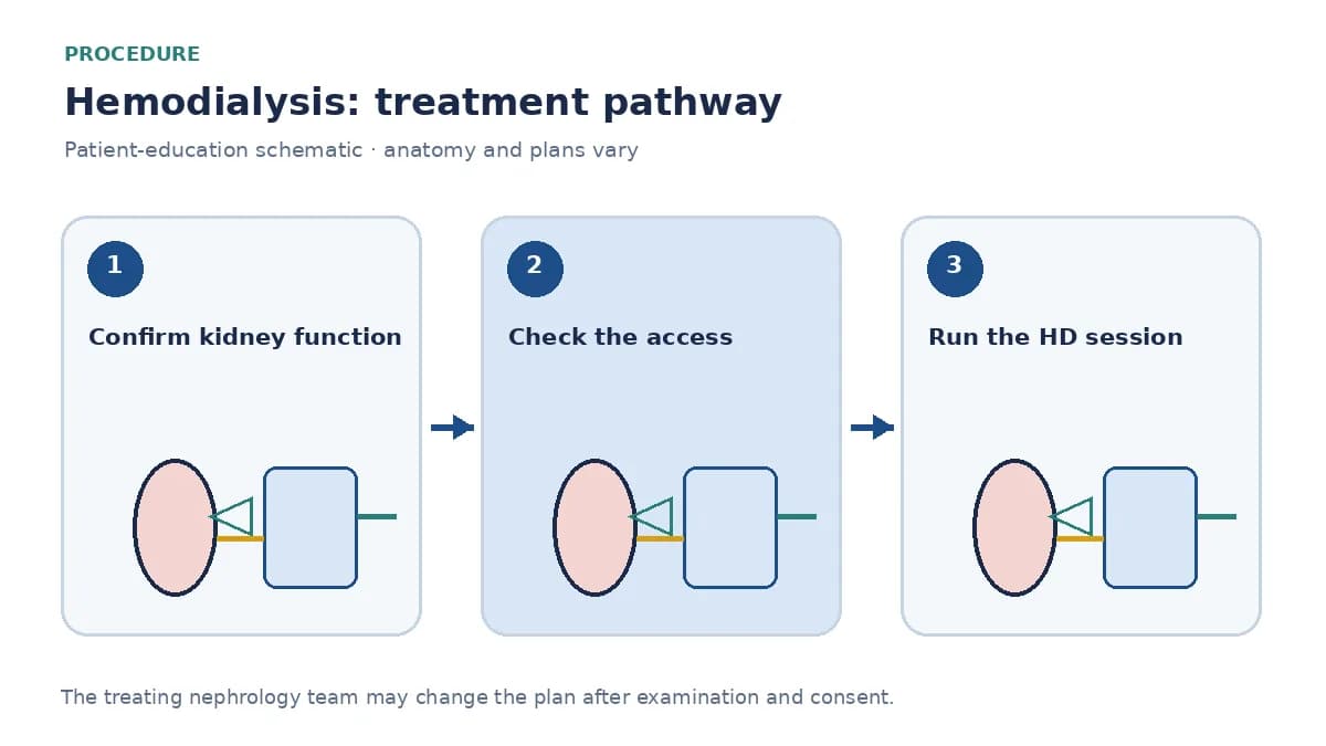 Step-by-step hemodialysis pathway showing nephrology assessment, access check, a dialysis session and laboratory monitoring