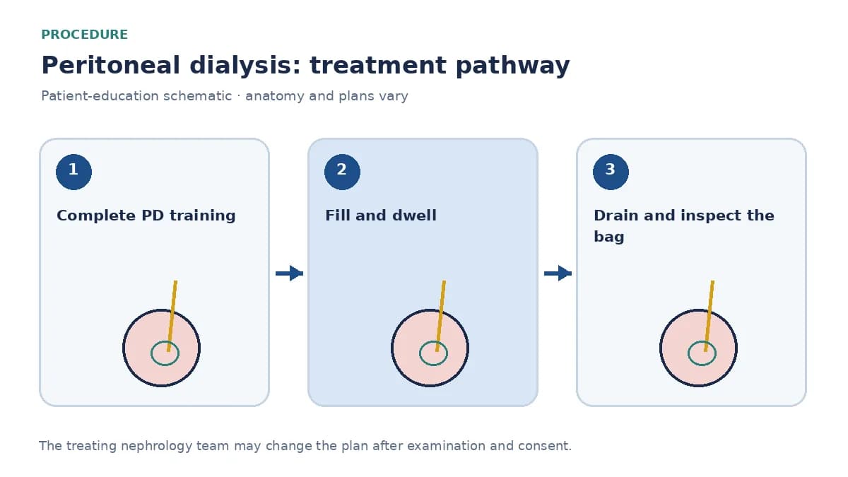 Step-by-step peritoneal-dialysis pathway showing training, a CAPD or APD exchange and infection-prevention checks
