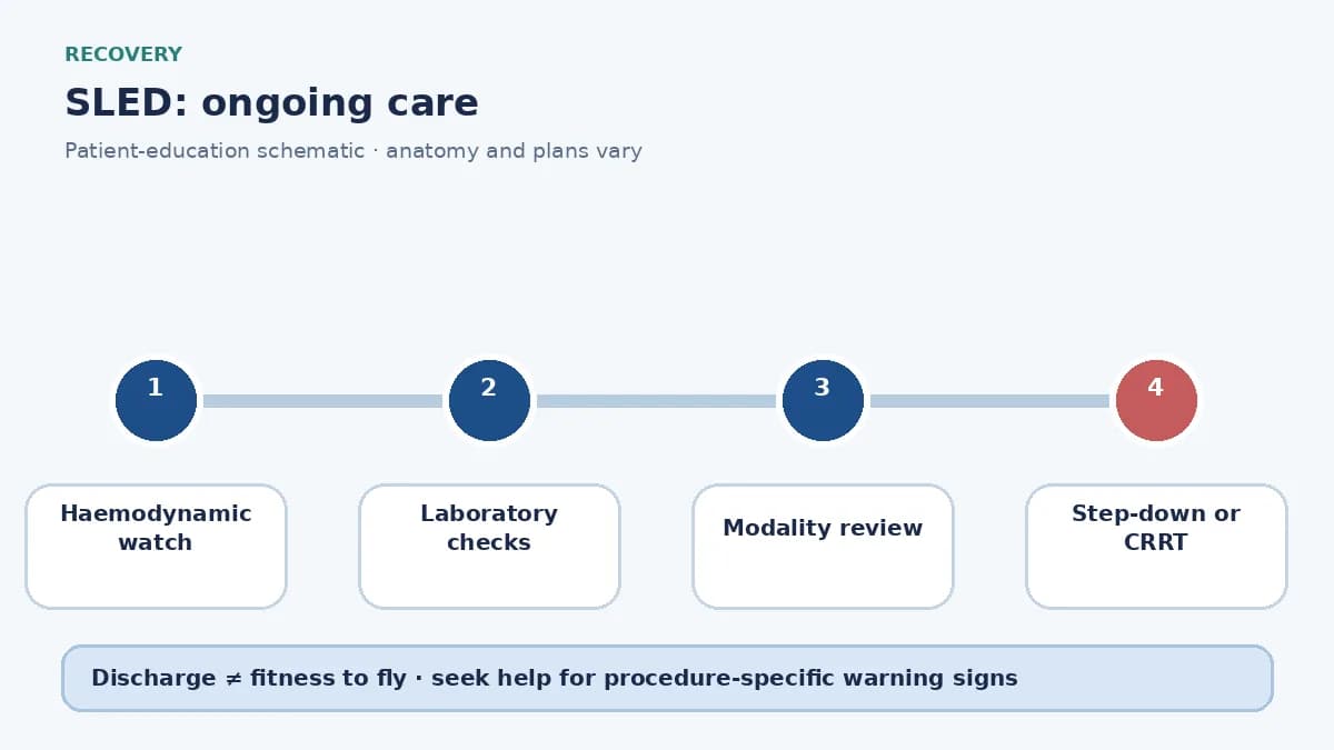 SLED recovery pathway showing step-down to intermittent HD or further ICU care