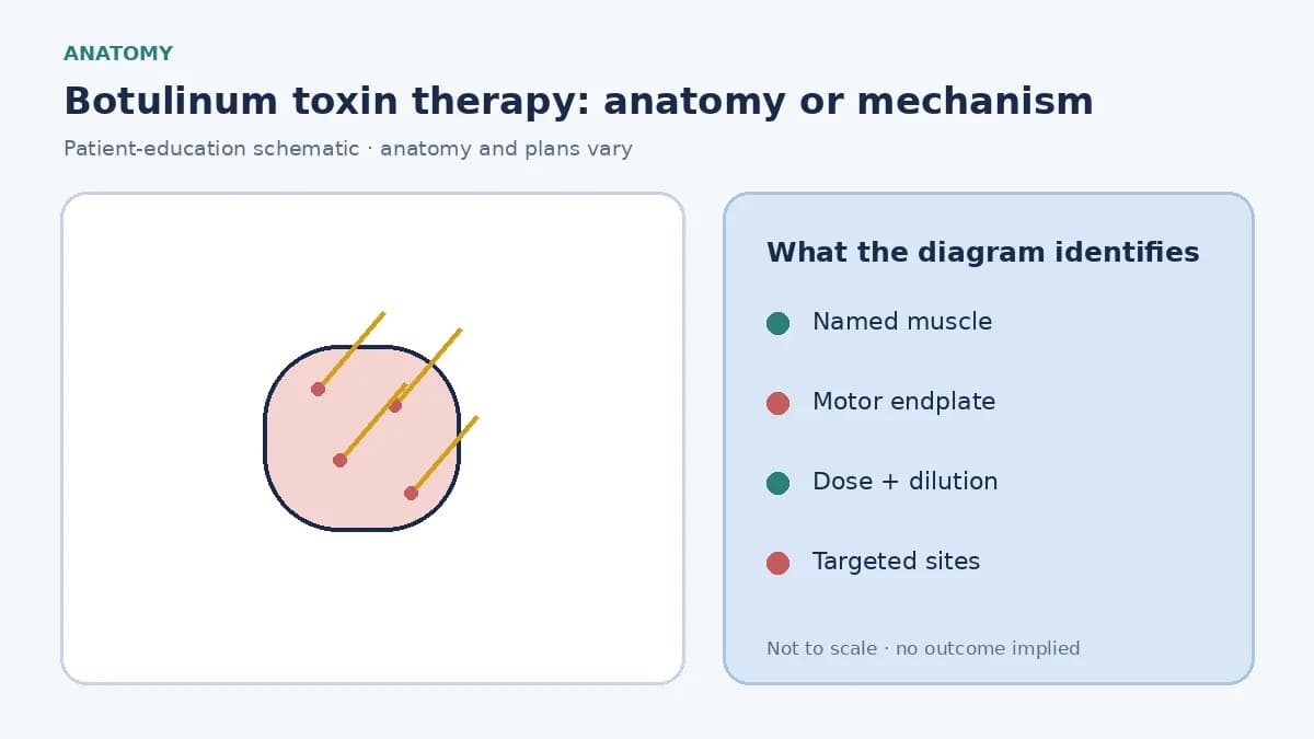 Patient-education diagram showing targeted botulinum toxin injection sites for migraine dystonia or limb spasticity