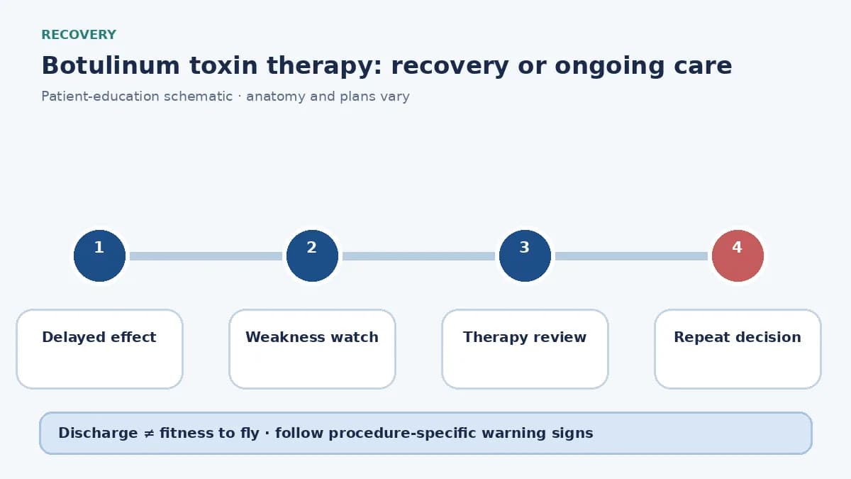 Botulinum therapy follow-up diagram showing delayed effect, weakness monitoring and repeat-session review