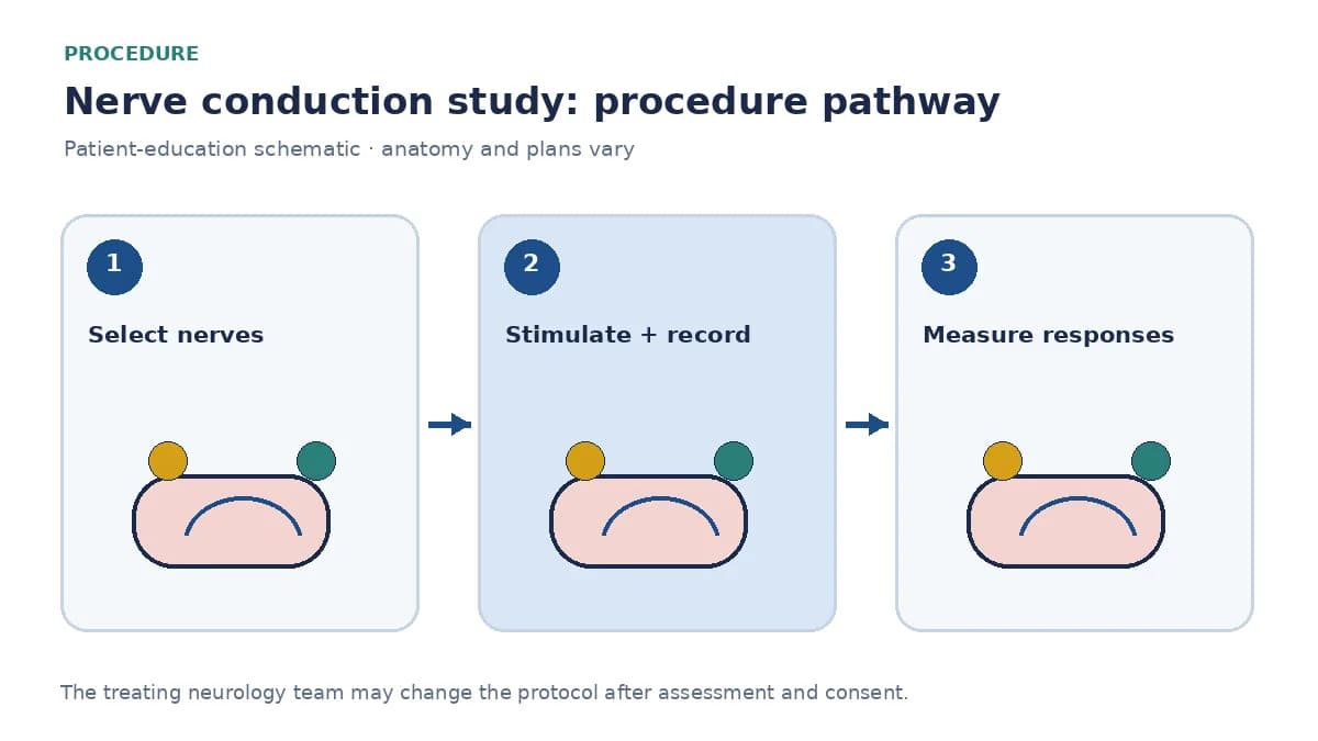Numbered nerve conduction pathway showing electrode placement, brief stimulation and response interpretation