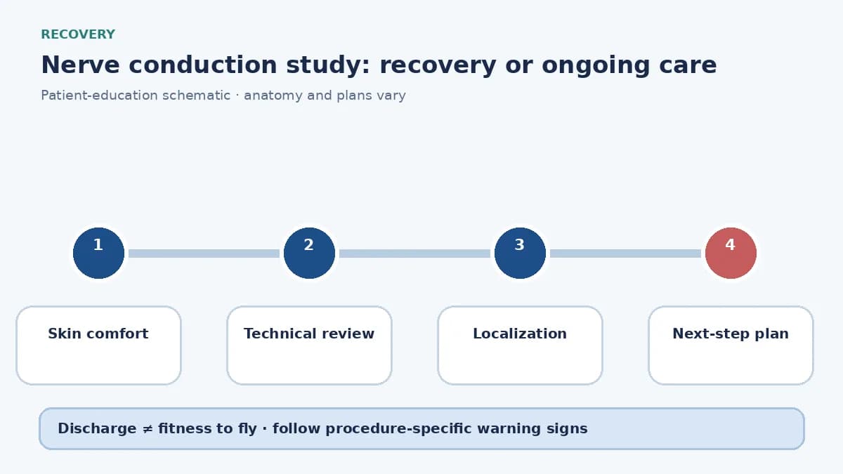 Nerve conduction aftercare diagram showing skin comfort, report review and next-step localization