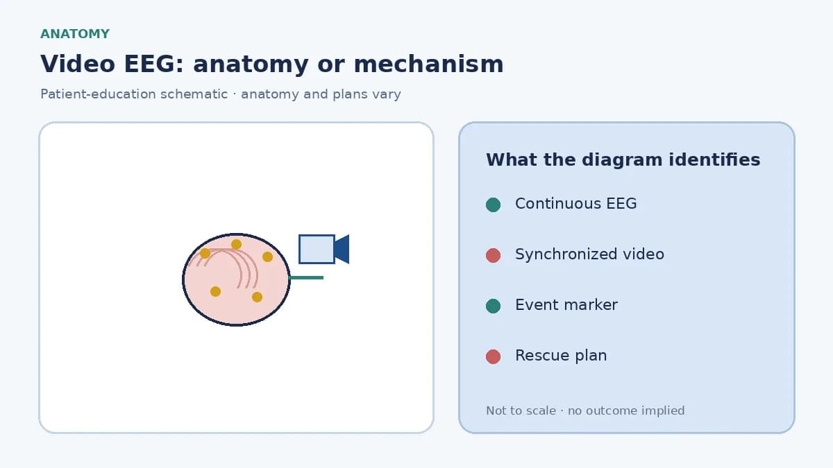 Patient-education diagram showing synchronized scalp EEG channels, bedside video and captured seizure behaviour