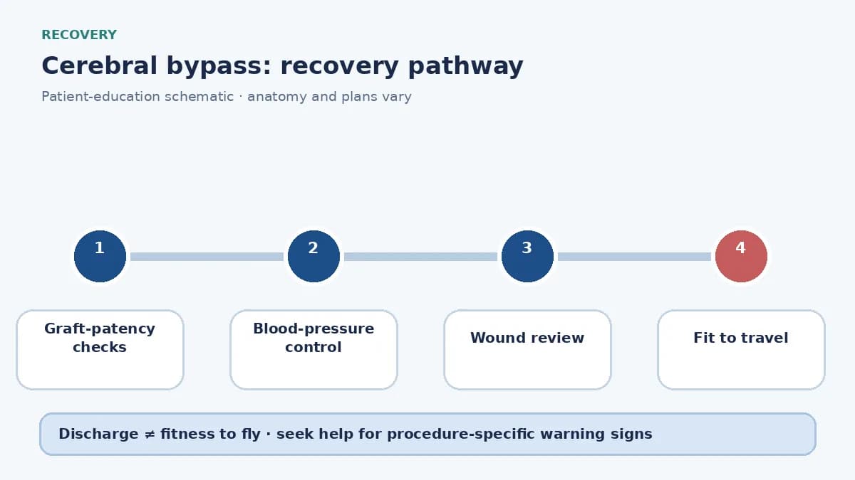 Cerebral-bypass recovery pathway showing graft-patency checks, blood-pressure control and travel clearance