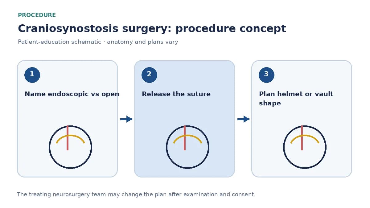 Clinical diagram comparing endoscopic strip craniectomy and open cranial-vault remodelling for craniosynostosis