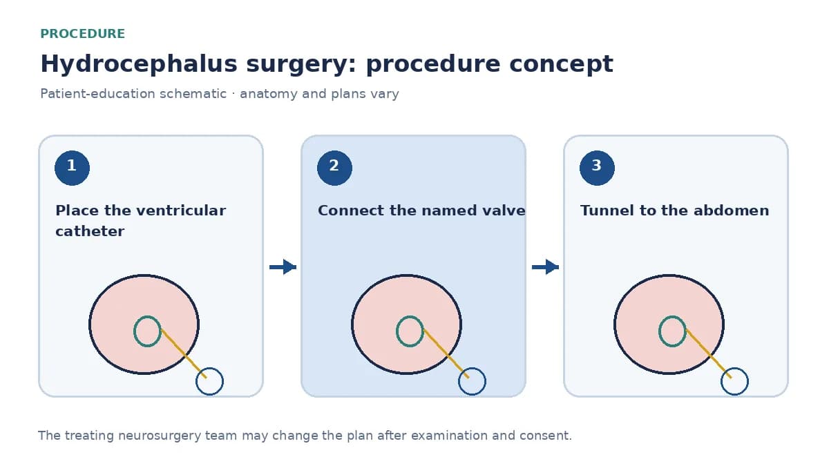 Clinical diagram of ventriculoperitoneal shunt placement from the ventricle through a valve to the abdomen