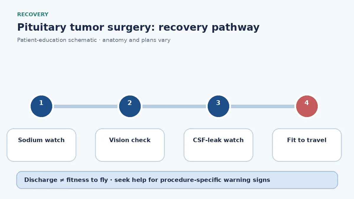 Pituitary-surgery recovery pathway showing sodium watch, vision review and CSF-leak precautions