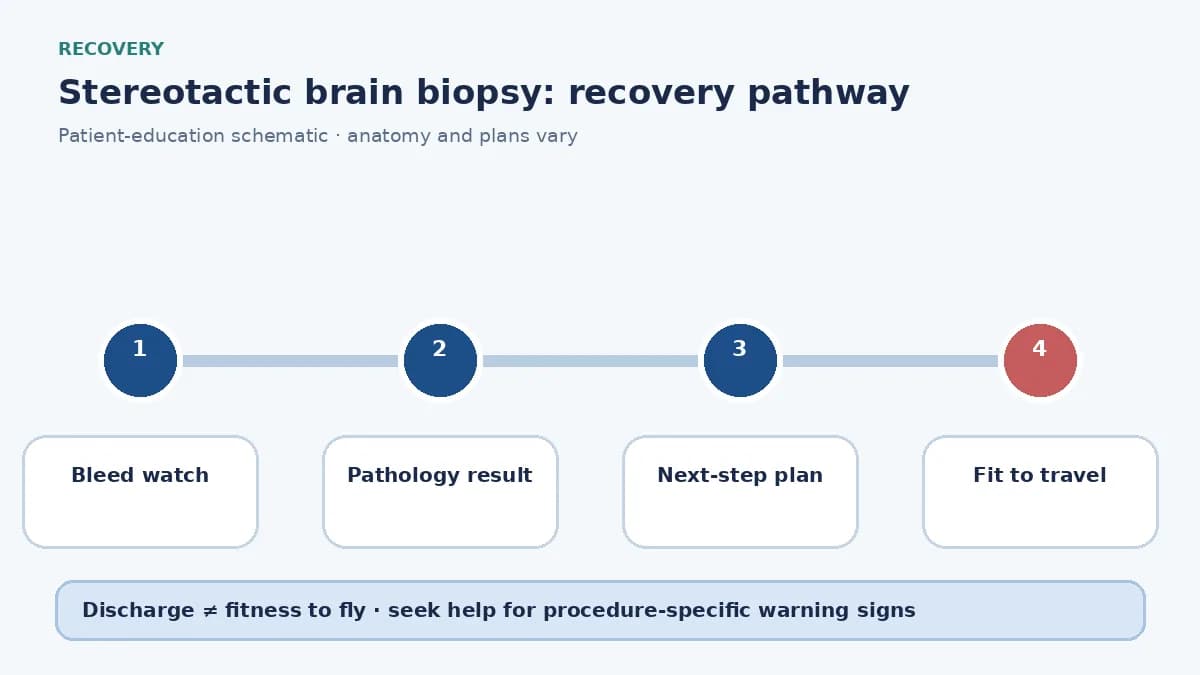 Stereotactic-biopsy recovery pathway showing bleed watch, pathology review and next-step planning