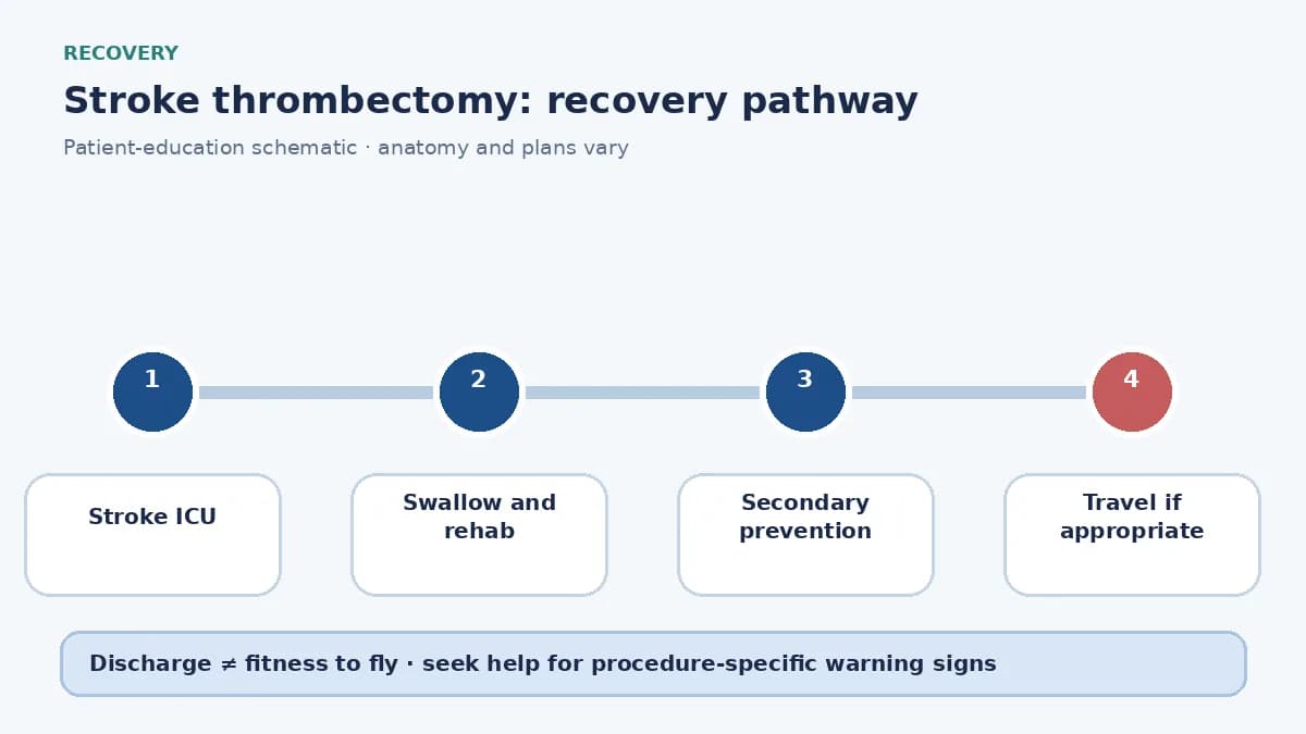 Stroke-thrombectomy recovery pathway showing ICU monitoring, rehabilitation and secondary-prevention review