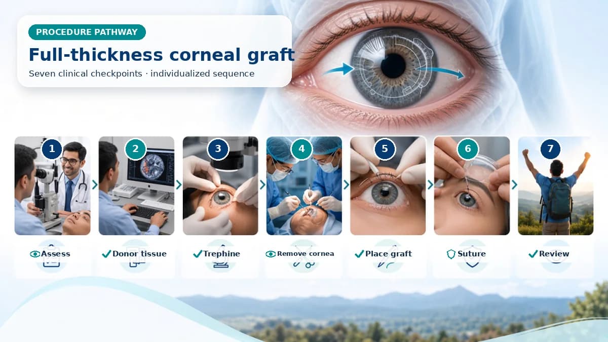 Realistic numbered Corneal Transplantation pathway showing assessment, preparation, The surgeon trephines recipient cornea, removes the full-thickness button, positions screened donor tissue and secures it with sutures before checking the chamber and wound. and immediate clinical review