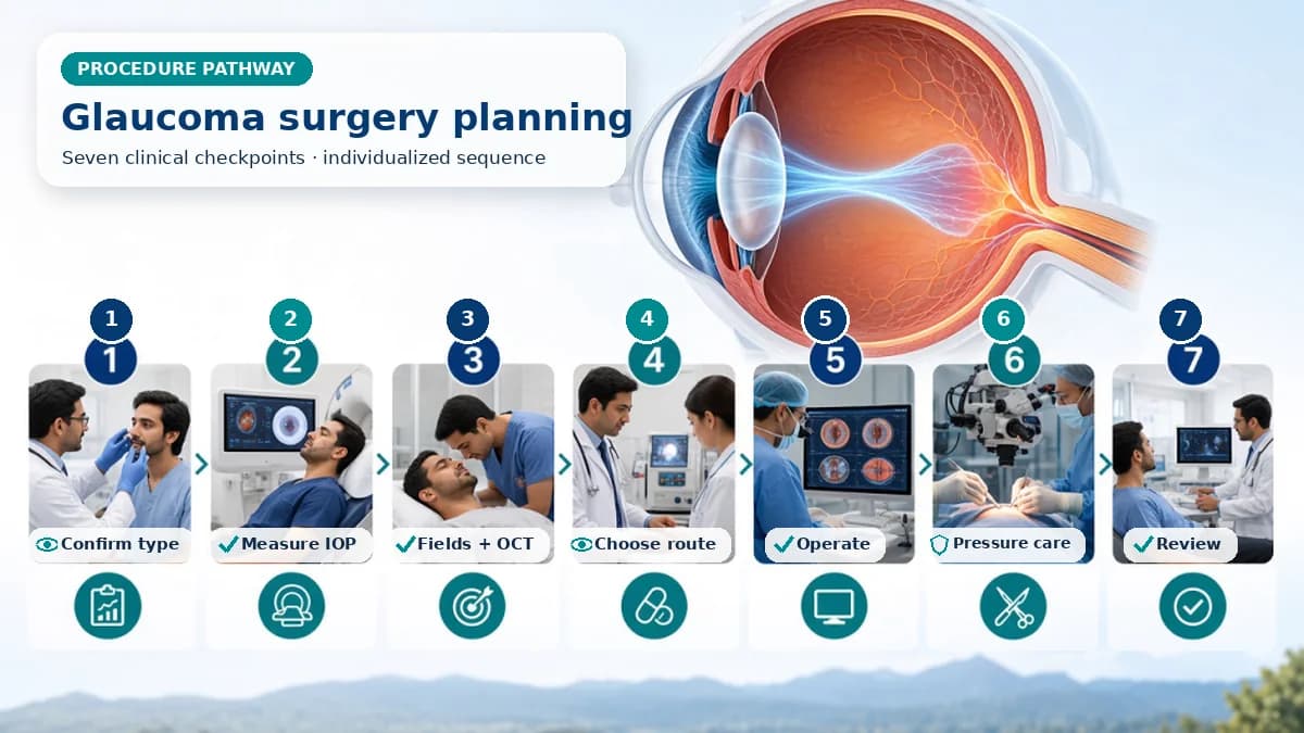 Realistic numbered Glaucoma Surgery pathway showing assessment, preparation, The chosen procedure improves outflow or reduces aqueous production through laser, trabecular or angle work, bleb filtration, a drainage device or another named method. and immediate clinical review