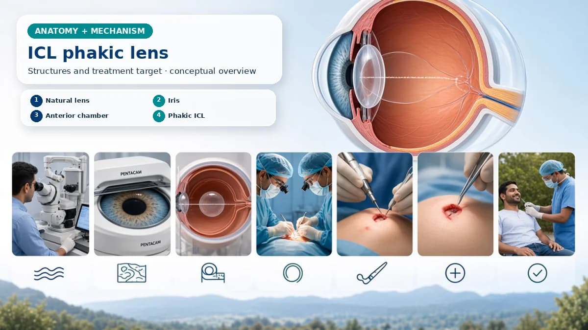 Realistic ICL (Implantable Collamer Lens) anatomy and mechanism composition showing An ICL is a phakic lens placed behind the iris and in front of the natural crystalline lens, leaving the natural lens inside the eye. with procedure-specific clinical examination scenes