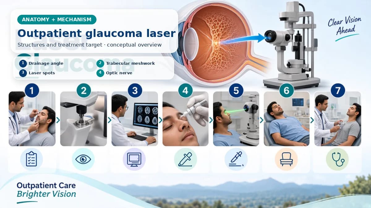 Realistic Laser Glaucoma Surgery anatomy and mechanism composition showing Laser glaucoma treatment targets selected drainage-angle tissue or ciliary structures to alter aqueous outflow or production without creating a trabeculectomy bleb or implanting a tube. with procedure-specific clinical examination scenes