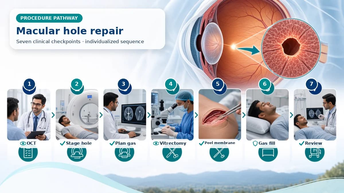 Realistic numbered Macular Hole Surgery pathway showing assessment, preparation, Vitrectomy releases traction, a fine membrane peel is commonly performed around the macula, and an air or gas bubble supports closure while healing. and immediate clinical review