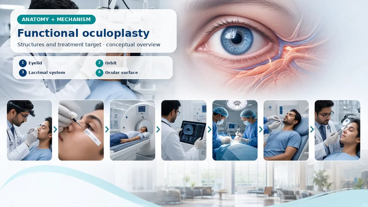 Realistic Oculoplastic Surgery anatomy and mechanism composition showing Oculoplastic surgery covers functional disease of eyelids, orbit and lacrimal structures that protect the globe and ocular surface. with procedure-specific clinical examination scenes
