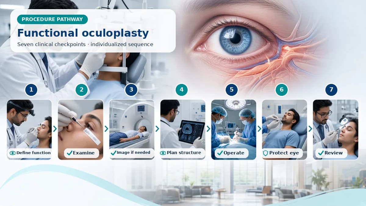 Realistic numbered Oculoplastic Surgery pathway showing assessment, preparation, The surgeon repairs the specifically diagnosed lid, orbital or lacrimal structure using an approach matched to function and tissue requirements. and immediate clinical review
