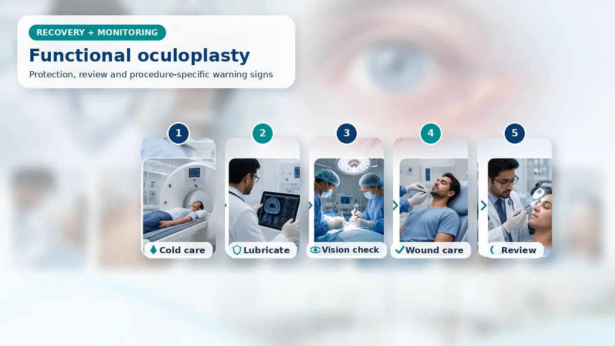 Realistic Oculoplastic Surgery recovery composition with patient-care scenes showing monitoring, protection, follow-up and urgent review after functional oculoplastic surgery