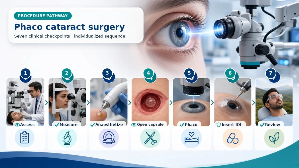 Realistic numbered Phacoemulsification Cataract Surgery pathway showing assessment, preparation, Through a small incision, the surgeon creates a capsular opening, divides and aspirates the lens with controlled ultrasound, preserves the bag and inserts the calculated IOL. and immediate clinical review