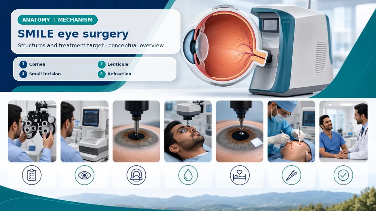 Realistic SMILE Eye Surgery anatomy and mechanism composition showing SMILE uses a femtosecond laser to create a refractive stromal lenticule inside the cornea, removed through a small incision without a LASIK flap. with procedure-specific clinical examination scenes