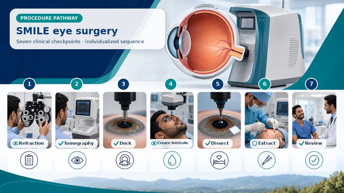 Realistic numbered SMILE Eye Surgery pathway showing assessment, preparation, The laser creates the lenticule and access incision; the surgeon identifies its planes, dissects attachments and extracts it before checking the cornea. and immediate clinical review