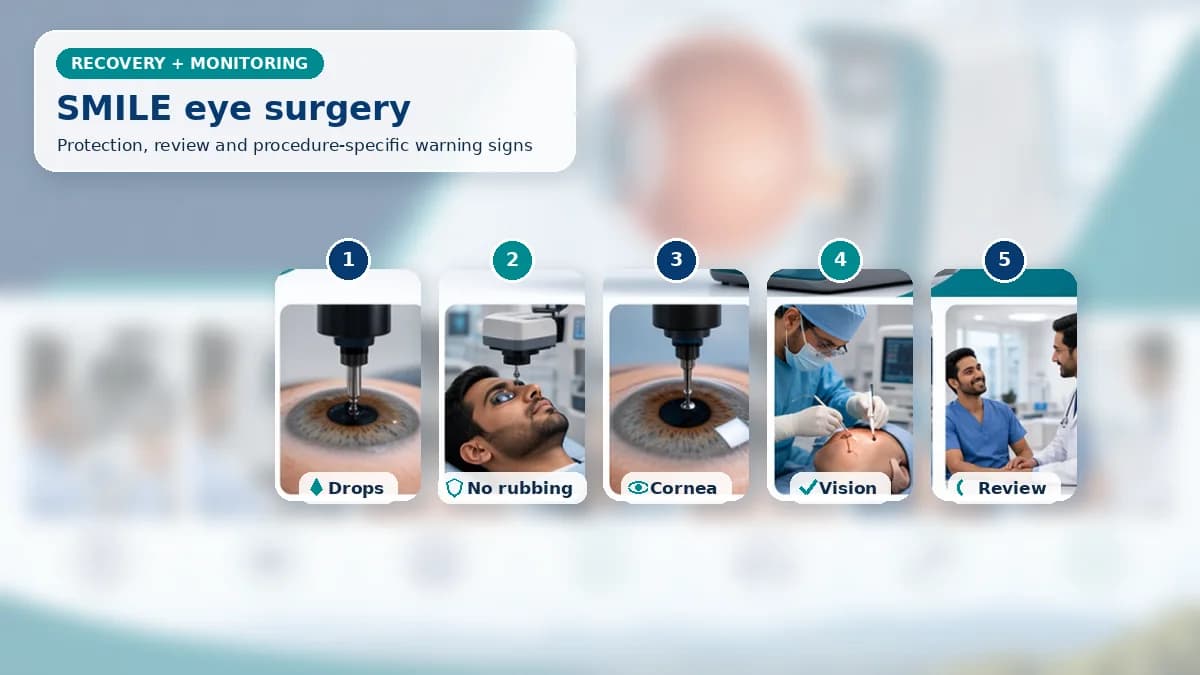 Realistic SMILE Eye Surgery recovery composition with patient-care scenes showing monitoring, protection, follow-up and urgent review after SMILE