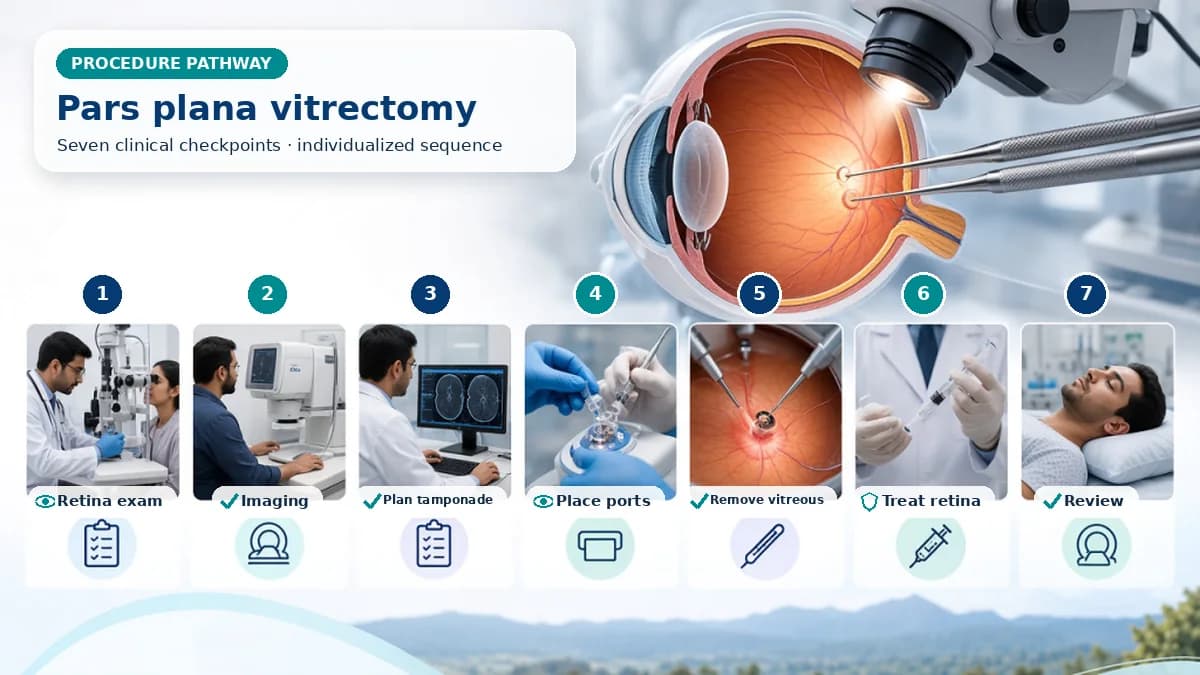 Realistic numbered Vitrectomy pathway showing assessment, preparation, Small ports provide illumination, infusion and cutting; vitreous and indicated membranes are removed, retinal treatment is completed and a chosen tamponade may be placed. and immediate clinical review