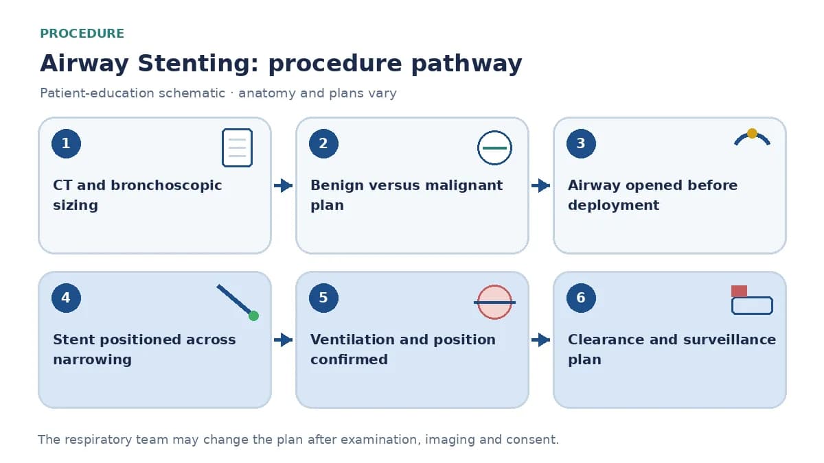 Airway-stenting pathway showing CT sizing, benign-versus-malignant review, rigid airway opening, selected device deployment, position and ventilation confirmation, then clearance and surveillance planning