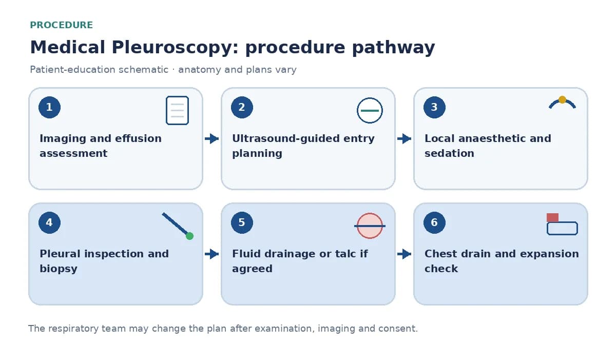 Medical-pleuroscopy pathway showing imaging and fluid review, ultrasound entry planning, local anaesthetic and sedation, pleural inspection and biopsies, optional talc or drainage, then chest-tube care