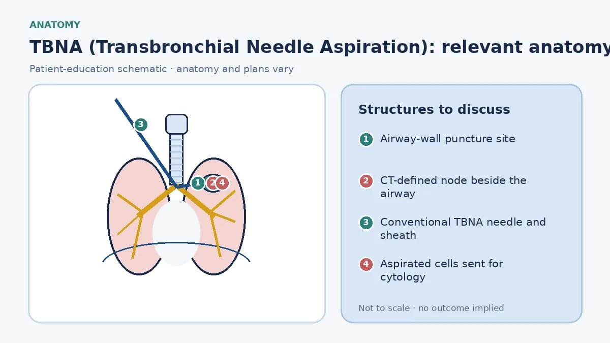 Educational central-airway schematic showing a conventional TBNA catheter braced at an airway landmark, its sheathed needle crossing the bronchial wall toward a CT-defined node without real-time ultrasound