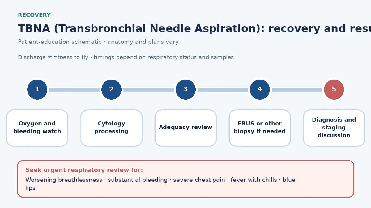 TBNA results timeline showing oxygen and bleeding observation, smear and cell-block processing, explicit node adequacy review, possible EBUS or surgical escalation and urgent respiratory warning symptoms