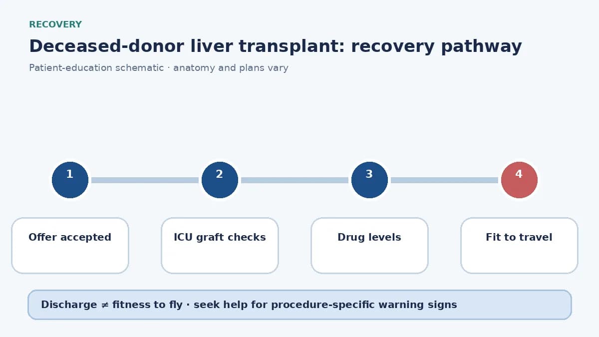 Deceased-donor transplant recovery pathway showing wait-list uncertainty, ICU graft checks and travel clearance