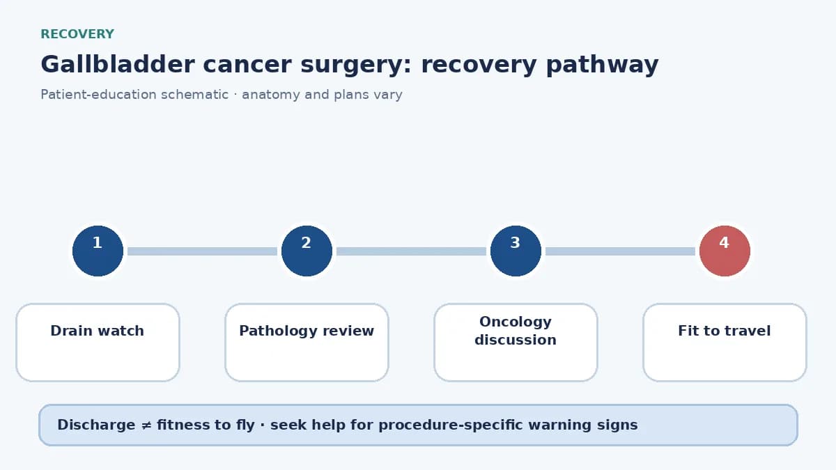 Gallbladder-cancer surgery recovery pathway showing drain monitoring, pathology review and oncology follow-up discussion