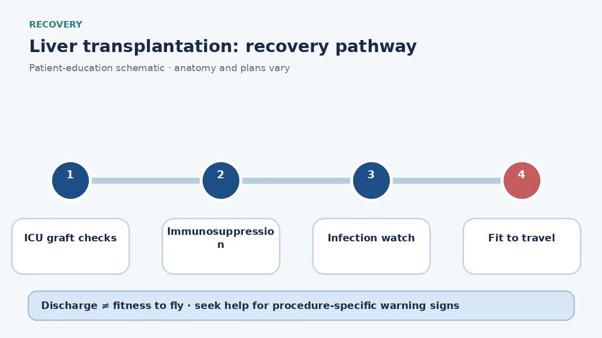 Liver-transplant recovery pathway showing ICU graft monitoring, immunosuppression review and travel clearance