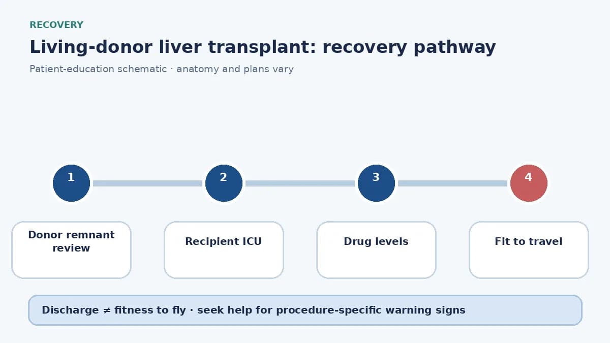 Living-donor transplant recovery pathway showing donor remnant review, recipient immunosuppression and travel clearance